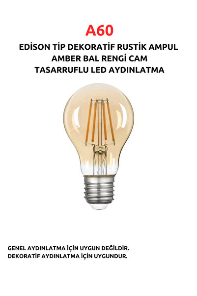 Fujika A60 EDİSON TİP DEKORATİF RUSTİK AMPUL AMBER BAL RENGİ CAM TASARRUFLU LED AYDINLATMA