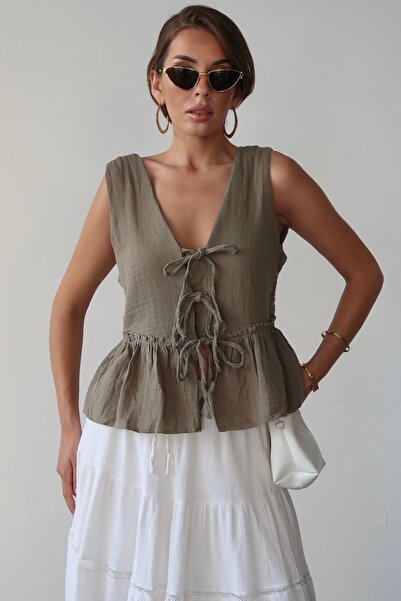 Trend Alaçatı Stili Γυναικεία αμάνικη μπλούζα χακί με κορδόνια μπροστά Vs00388