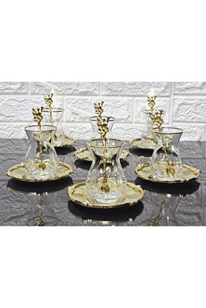 atabey home Alya Real Gold Rose Tea Set with Frame and Spoon 18 Pieces - 6 Plates 6 Cups 6 Spoons Full Gold