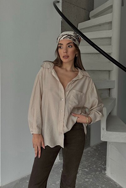 Trend Alaçatı Stili Kadın Bej Tek Cepli Uzun Kol Oversize Gömlek Vs00660