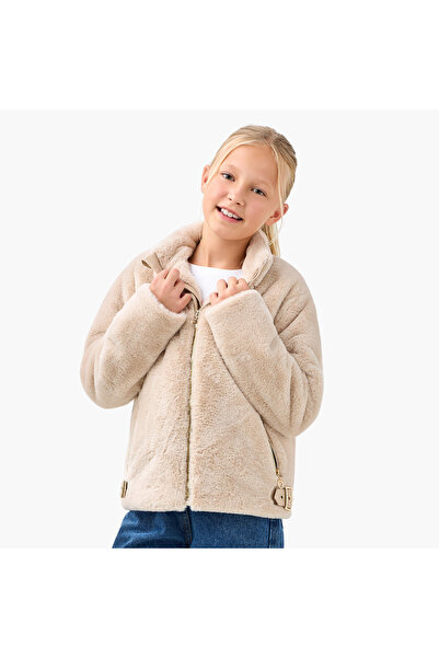 Juniors Plush Zip Through Jacket with Long Sleeves
