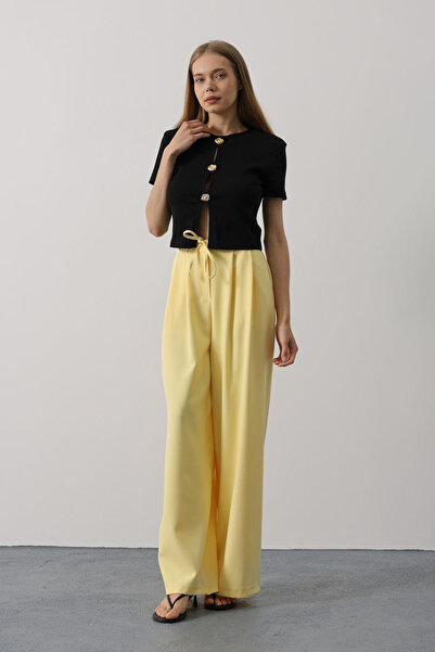 Trend Alaçatı Stili Women's Yellow Double Pocket Pleated Lace-Up Oversized Pa...