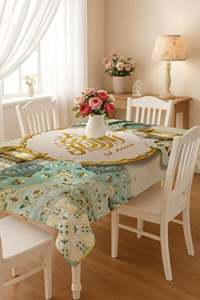 Cardea Home Collection مفرش طاولة رمضان مطبوع بنمط مكتوب، مفرش رمضاني مقاوم للبقع