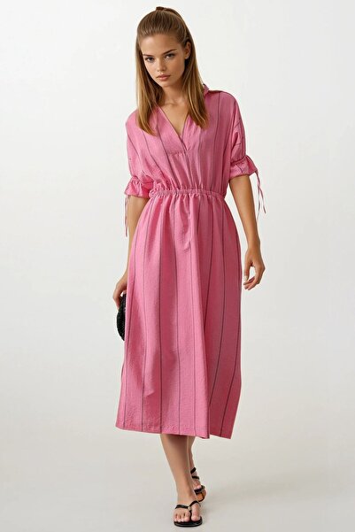 Trend Alaçatı Stili Women's Pink Shirt Collar Waist and Sleeves Elastic Strip...