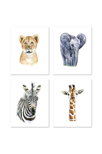 ALAYRA International مجموعة لوحات جدارية لغرفة الأطفال بتصميم سفاري من ALAYRA A2 - 4 لوحات - رسومات حيوانات أفريقية صغيرة - حديقة حيوانات برية