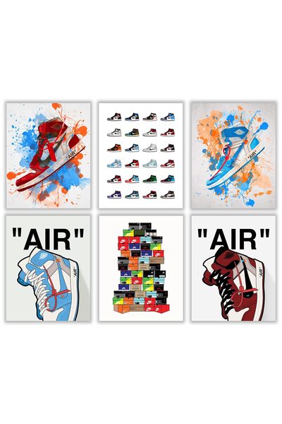 ALAYRA International ملصق حذاء ألايرا الرياضي - مجموعة من 6 ملصقات بدون إطار (8 × 10 بوصة) - فن جداري AJ، ملصق مايكل جوردان،