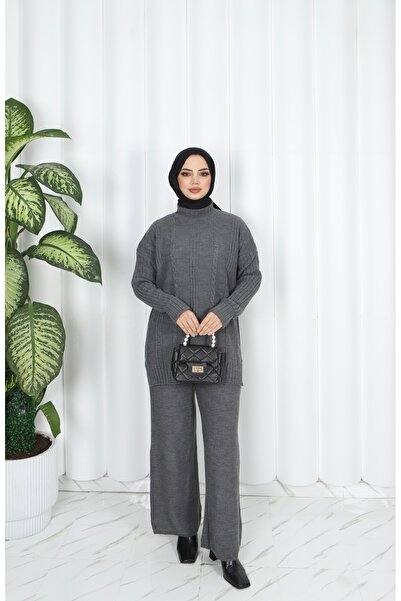 NİSUM MODA Striped Hair Braided Knitwear Set