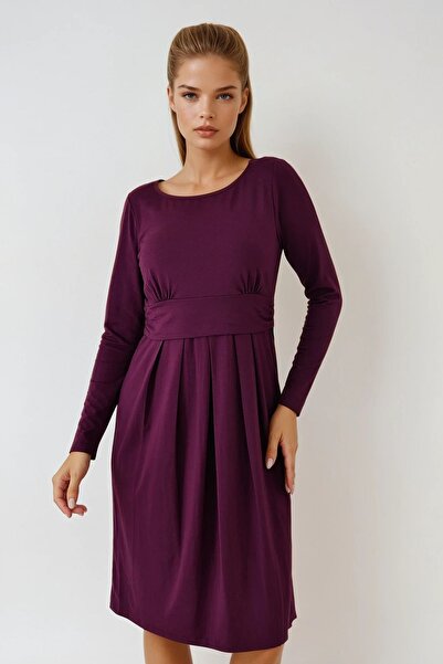 Trend Alaçatı Stili فستان نسائي ذو ياقة دائرية وأكمام ربعية وحزام مطوي باللون...