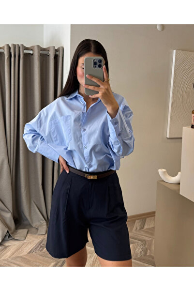 her place Poplin kumaş pamuk mavi Gömlek