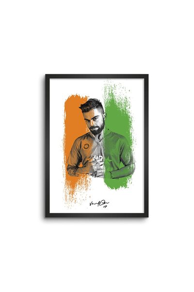 ALAYRA International ملصق فني مؤطر لتزيين الجدران من تصميم ALAYRA Virat Kohli، مقاس 12 بوصة × 18 بوصة، زجاج مع سماكة 0.5 بوصة