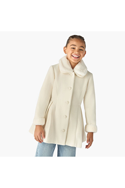 ELIGO Solid Faux Fur Collared Coat