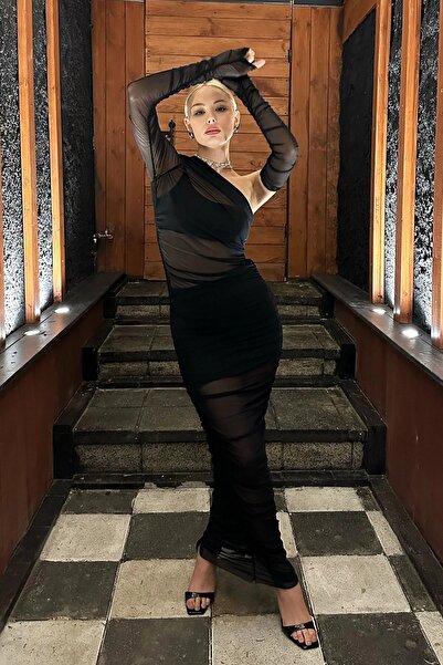 VAGGON Rochie de damă neagră cu guler asimetric, căptușită și mănuși, cu șnur...