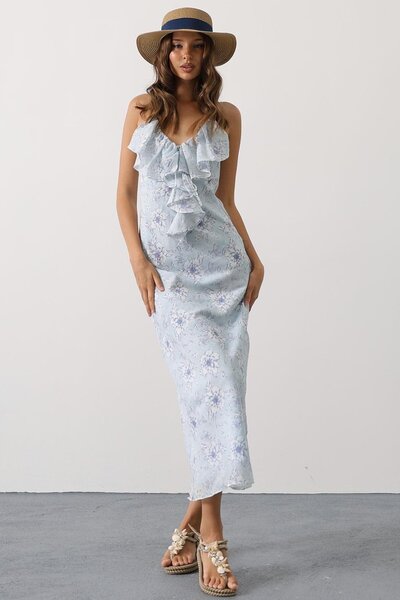 Trend Alaçatı Stili Women's Blue Patterned Collar Flounce Strap Dress Vs00653