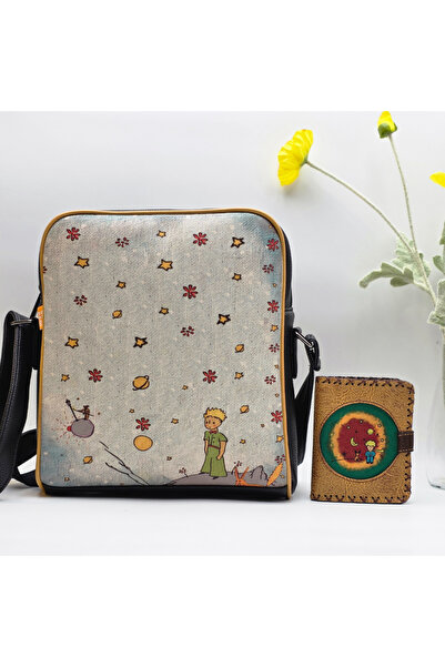 HOODİEMOUSE E. Little Prince Figured Large Postman Shoulder Bag Black, E. Little Prince Small Wallet Mustard Ethnic Bohe