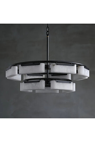 RONİSU AYDINLATMA Fusara Mermer Avize – Siyah Gövdeli, Çift Katlı Modern Halk...