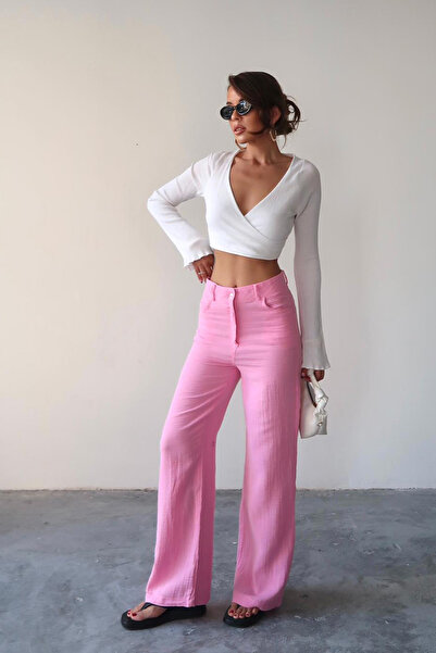 Trend Alaçatı Stili بنطلون نسائي وردي فضفاض من الموسلين بخمسة جيوب Vs00674