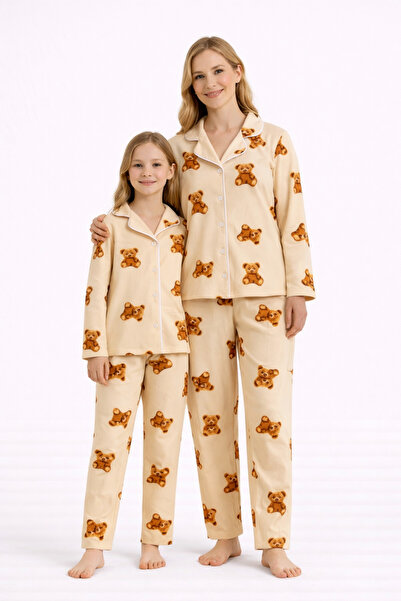 Free Beka طقم بيجامة للأم والابنة بأكمام طويلة وياقة قميص مع أزرار أمامية ونقش دب لطيف