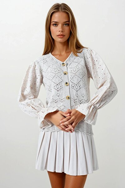 Trend Alaçatı Stili Women's Beige Openwork Knitwear Brode Cardigan with Cuffl...