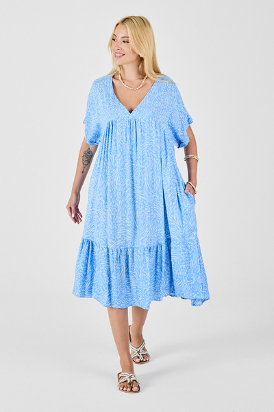 Trend Alaçatı Stili Women's Ice Blue V Neck Oversize Cutout Patterned Double Pocket Flounced Dress Vs00835