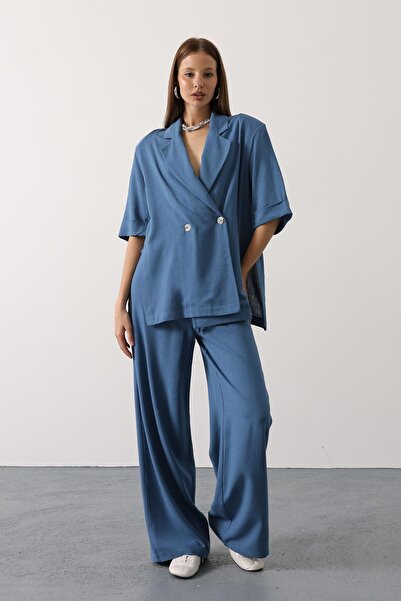 Trend Alaçatı Stili Pantaloni de in pentru femei cu talie indigo cu detaliu din dantela Vs00619