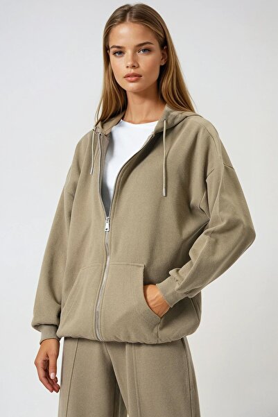 Trend Alaçatı Stili Cardigan pentru femei, kaki, cu buzunar dublu, cu fermoar...