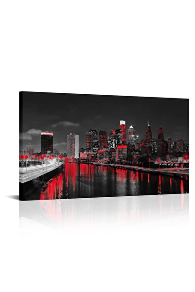 ALAYRA International لوحة جدارية من قماش الكانفاس، صورة فوتوغرافية مطبوعة لأفق مدينة فيلادلفيا باللونين الأبيض والأسود والأحمر.