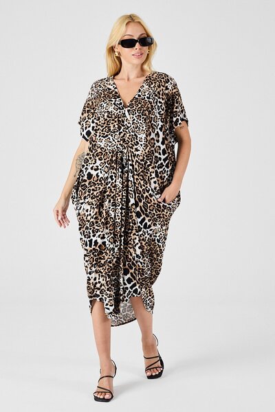 Trend Alaçatı Stili Women's Leopard Patterned V-Neck Loose Cut Kaftan Dress Vs00829