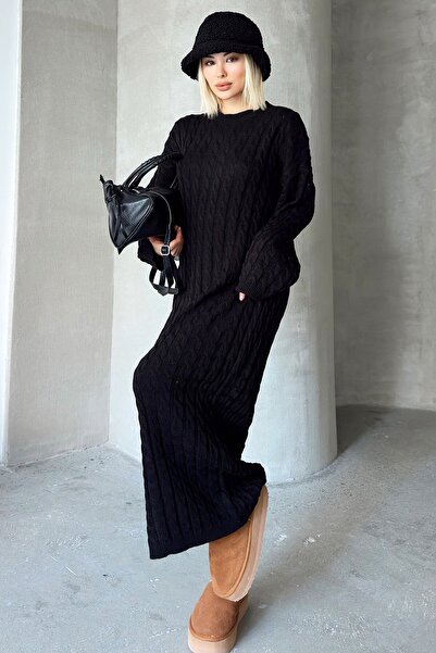 Trend Alaçatı Stili Kadın Siyah Bisiklet Yaka Saç Örgülü Kadın Triko Midi Elbise Prm1341