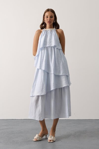 Trend Alaçatı Stili فستان نسائي بتفاصيل ياقة متعددة الطبقات Vs00629