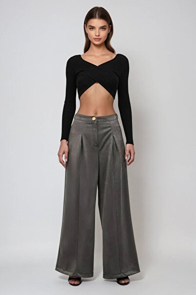 Trend Alaçatı Stili Women's Anthracite Buttoned Pleated Palazzo Pants Vs01526