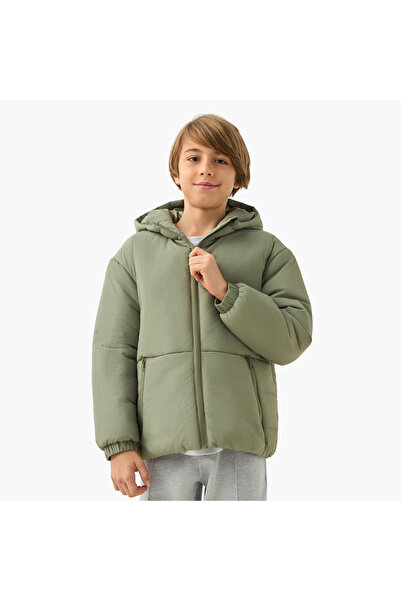 Juniors Solid Padded Hooded Jacket with Zip Closure and Pockets