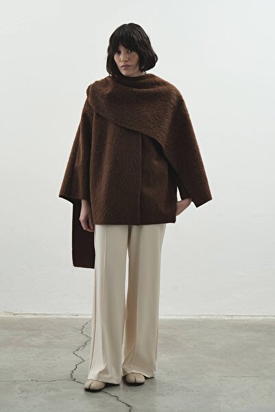 Hooopstore Asimetrik Kesim Pelerin Yaka Kahve Kaban