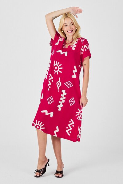 Trend Alaçatı Stili Women's Fuchsia Patterned V-Neck Short Sleeve Slit Midi Dress Vs00818