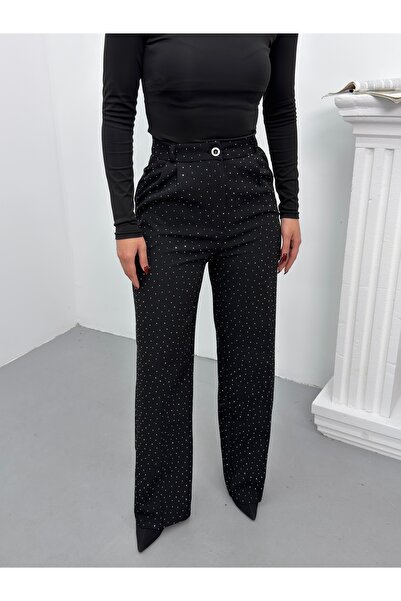TİSHOOSTORE Stone Detailed High Waist Black Fabric Trousers