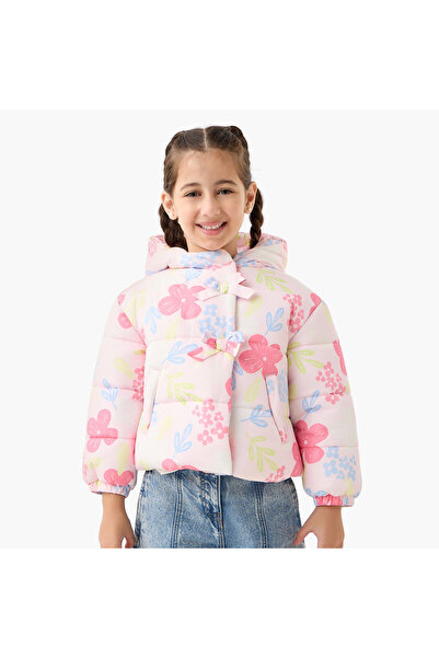 Juniors Heart Print Hooded Heavy Jacket with Long Sleeves