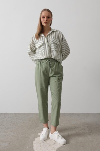 Trend Alaçatı Stili Women's Khaki Double Pocket Elastic Waist Trousers with T...