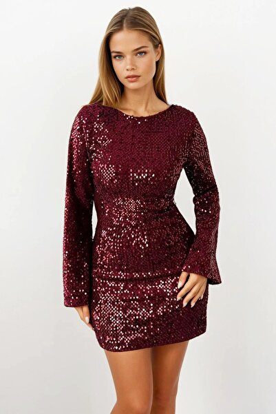 Trend Alaçatı Stili Women's Burgundy Sequined Zipper Closure Lined Mini Dress...