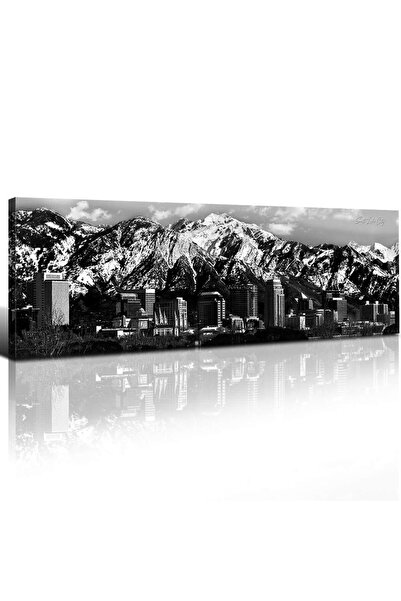 ALAYRA International لوحة جدارية من تصميم ألايرا، مدينة سولت ليك، ديكور غرفة نوم، يوتا، قماش أبيض وأسود، جبال واساتش روكي