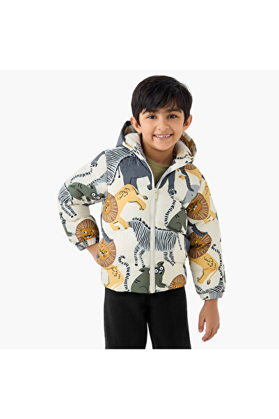 Juniors Printed Zip Through Hooded Puffer Jacket with Long Sleeves