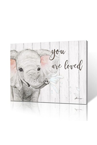 ALAYRA International لوحة جدارية قماشية لغرفة الأطفال من ALAYRA بتصميم فيل: مطبوعات فنية جدارية لفيل صغير باللون الوردي الفاتح والرمادي "أنتِ