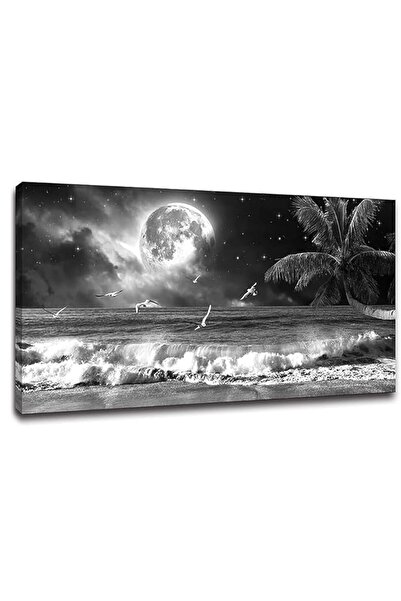 ALAYRA International ALAYRA large Black and White Beach Wall Art Moon Sea Ocean Prints Art Coast Scenery Canvas