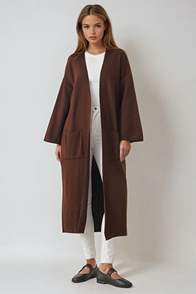 Trend Alaçatı Stili Women's Bitter Brown Wide Sleeve Double Pocket Long Knit ...