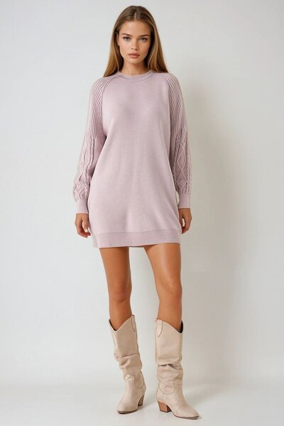 Trend Alaçatı Stili Kadın Pudra Örgü Detaylı Balon Kollu Triko Elbise Vs01437