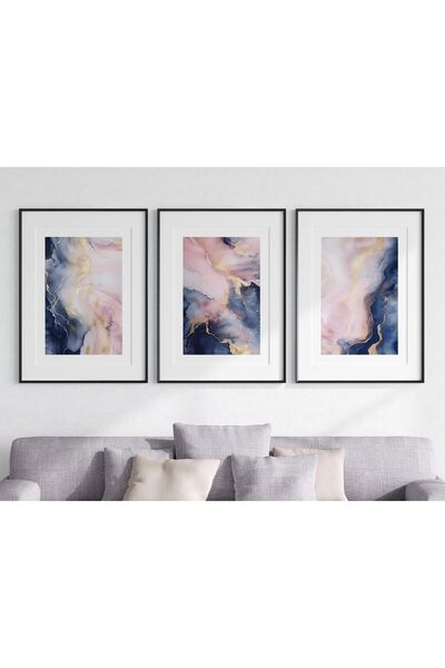 ALAYRA International مجموعة ملصقات جدارية غير مؤطرة من ALAYRA، بتصميم رخامي سائل باللونين الأزرق الداكن والوردي، بنقوش رخامية سائلة.