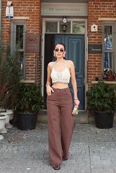 Trend Alaçatı Stili Women's Brown Five-Pocket Wide Leg Muslin Trousers Vs00674