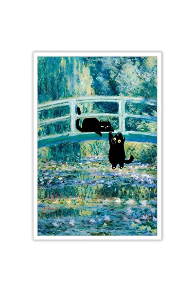 ALAYRA International ملصق قطة مونيه عتيق من ALAYRA، قطة سوداء مرحة، جسر زنابق...