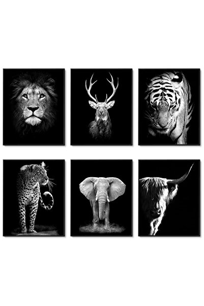 ALAYRA International مجموعة لوحات جدارية بالأبيض والأسود من ALAYRA، تتضمن 6 قطع، ديكور جداري بنقشة حيوانات، ونقشة بقرة، ونقشة فيل.