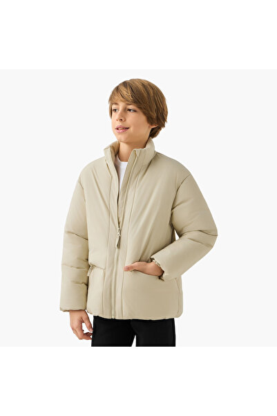 Juniors Solid Puffer Jacket with Zip Closure and Long Sleeves