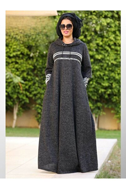 SWAN.AE Winter, Dress, Striped, letters print, pockets, capuche, Brushed wool, Casual