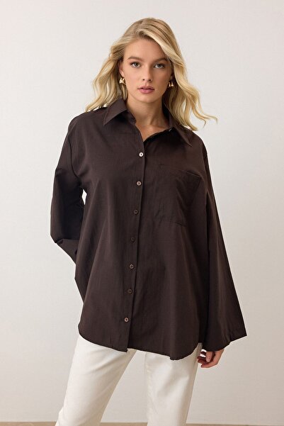 Trend Alaçatı Stili Cămașă de damă maro cu mâneci lungi oversize din poplin V...
